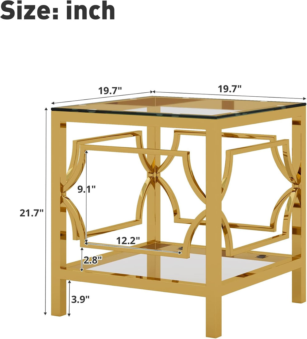 Modern 19.7" Square Glass Side Table for Living Room Luxury 2-Tier Stora...