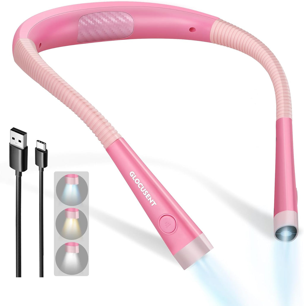 Glocusent Book Light, 3-Color & 6-Brightness Reading Light, Bendable Neck Light, 80-hr Lasting Rechargeable Book Light, Perfect Reading Lights for Books in Bed, Knitting, Book Lovers Gifts - 1Pack