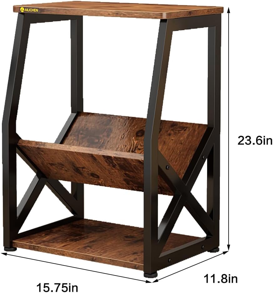 MULKHOME 3-Tier Accent End Table with Magazine Holder Shelf, Metal Frame, Scr...