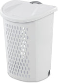 White Rolling Laundry Hamper with Wheels, 2-Bushel Large Capacity Ventilated Plastic Hamper with Lid & Retractable Handle, Portable Laundry Basket for Dorms, Apartments and Bedrooms