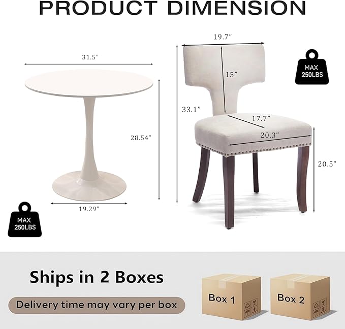 3-Piece 31.5" Round Dining Table Set for 2 with Upholstered Chairs – Space-Saving Modern Small Kitchen Cafe Bistro Set(T-Back Beige Linen Chair)