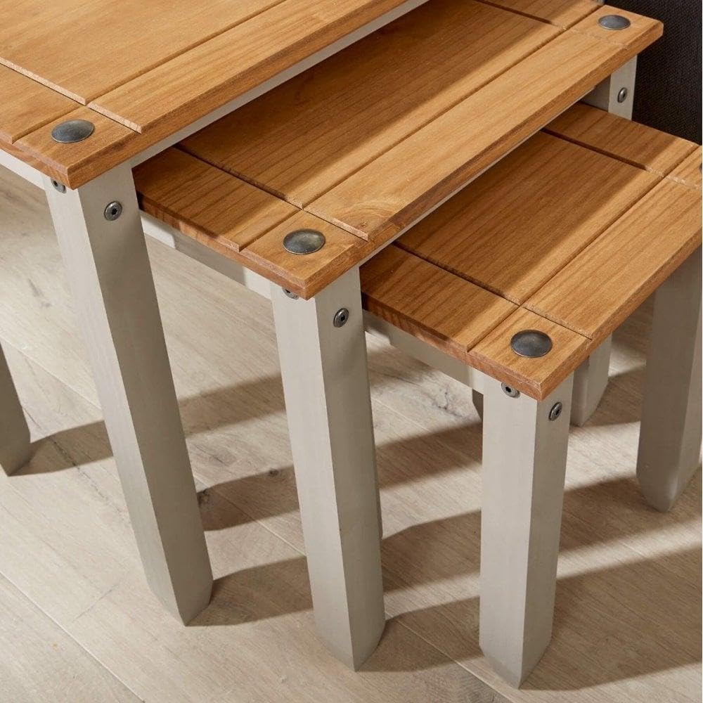 Home Source Solid Pine Wood Nest of Tables, Set of 3 for Living Room, Grey Fi...