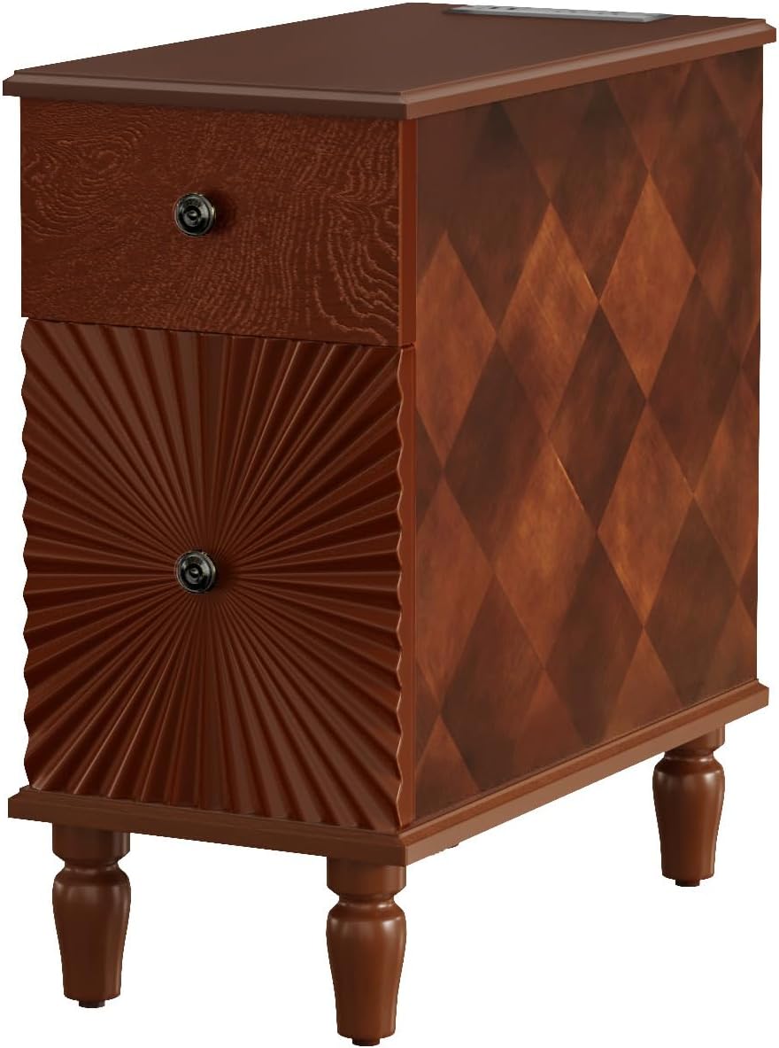 Mid Century Modern Narrow End Table with Charging Station, Skinny Side Table ...