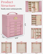 TORIBIO Large Jewelry Box for Women, Leather Jewelry Organizer with Mirror & Lock, 6-Tier Jewelry Storage Case for Girls/Women/Mothers, Necklace Earring Bracelets Holder Organizer
