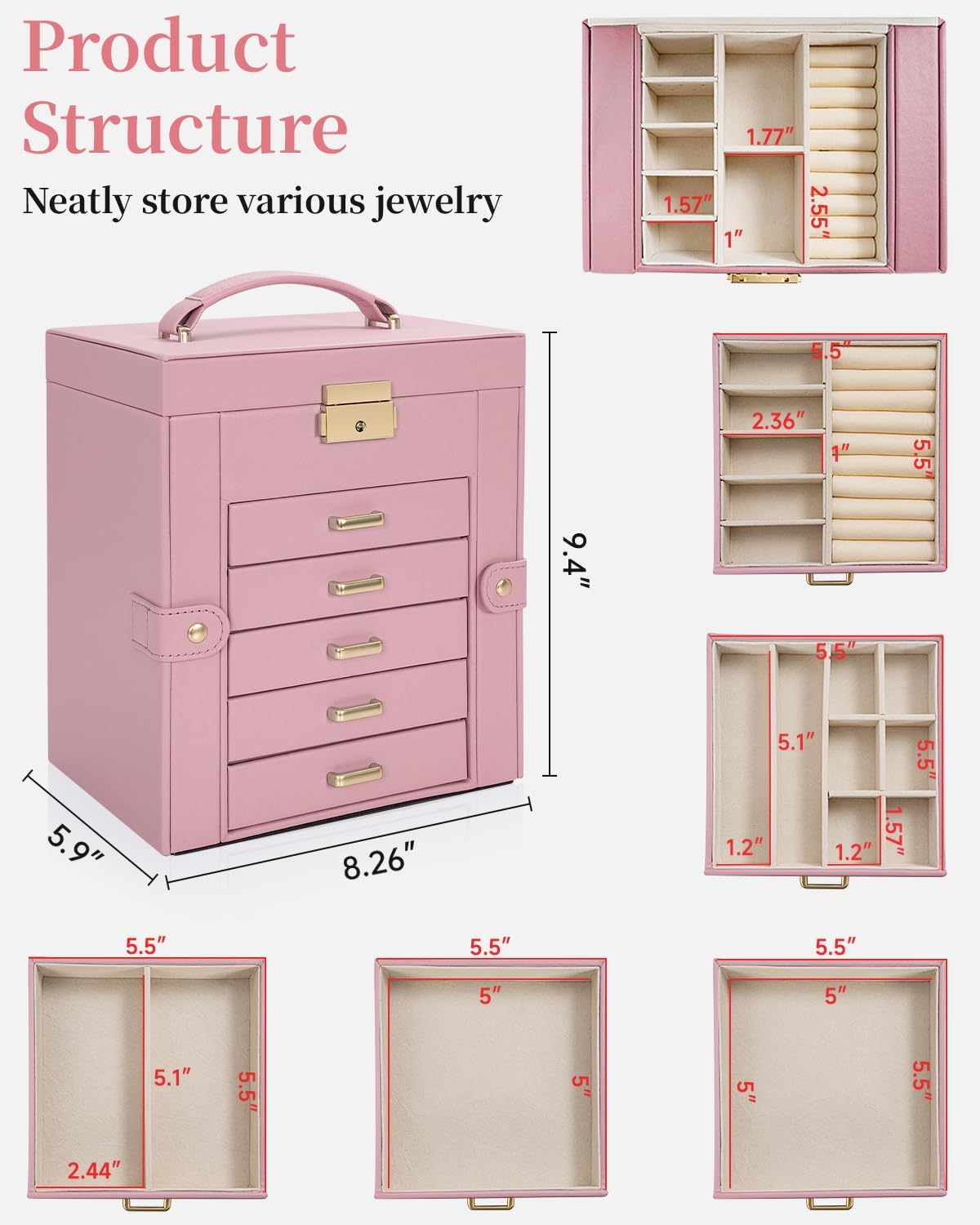 TORIBIO Large Jewelry Box for Women, Leather Jewelry Organizer with Mirror & Lock, 6-Tier Jewelry Storage Case for Girls/Women/Mothers, Necklace Earring Bracelets Holder Organizer