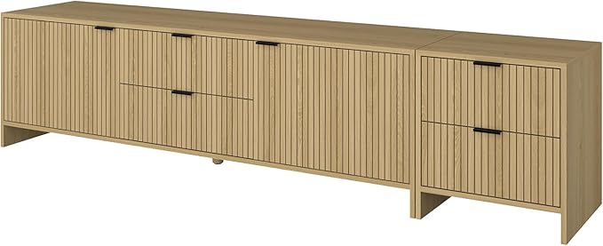 Fluted TV Stand for TVs up to 85",Modern TV Console with 4 Drawers,Wood Entertainment Center with Adjustable Shelves & Storage Cabinets for Living Room,Natural Oak