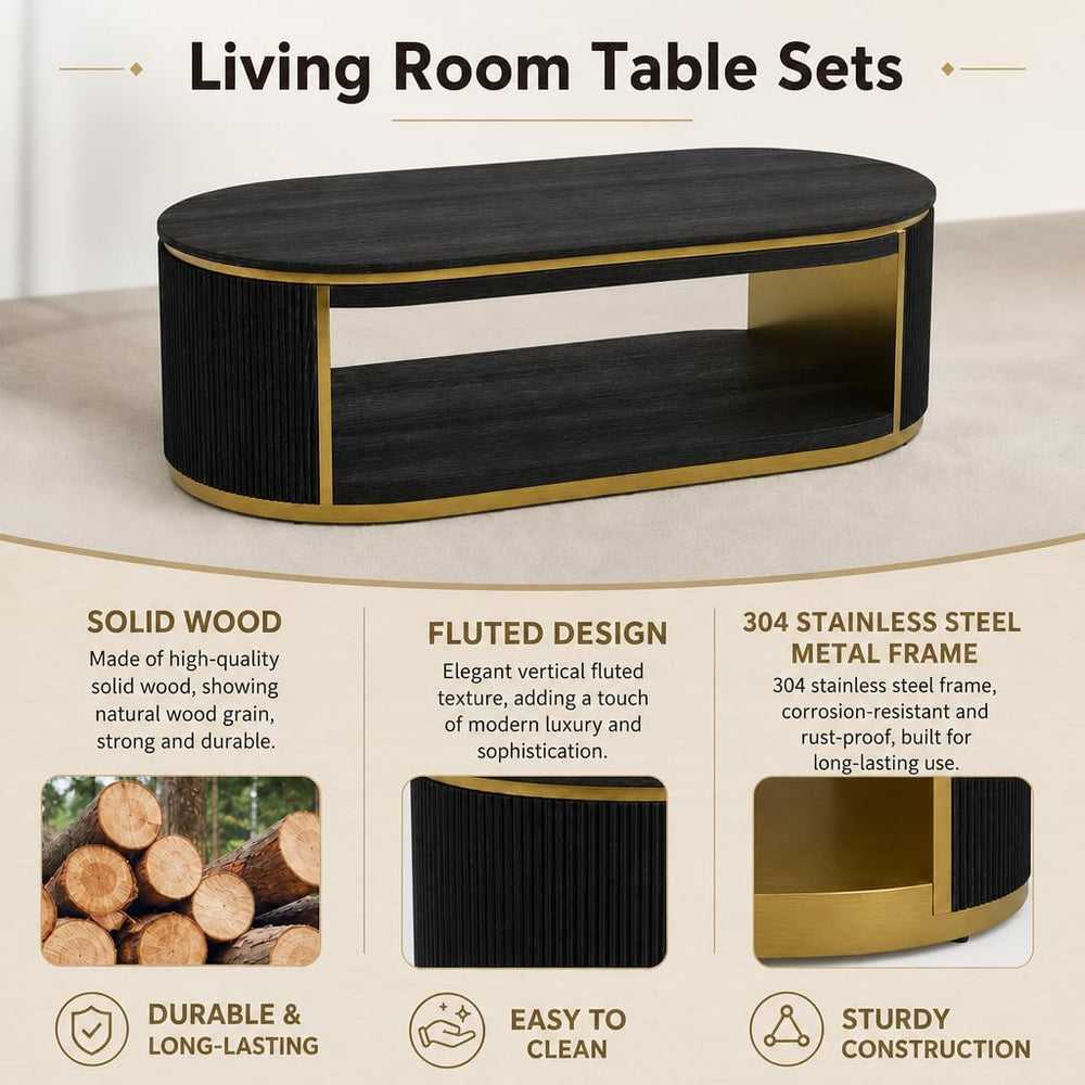 AUZ Fully Assembled TV Stand with Coffee Table Set of 4, Black Solid Wood | C...
