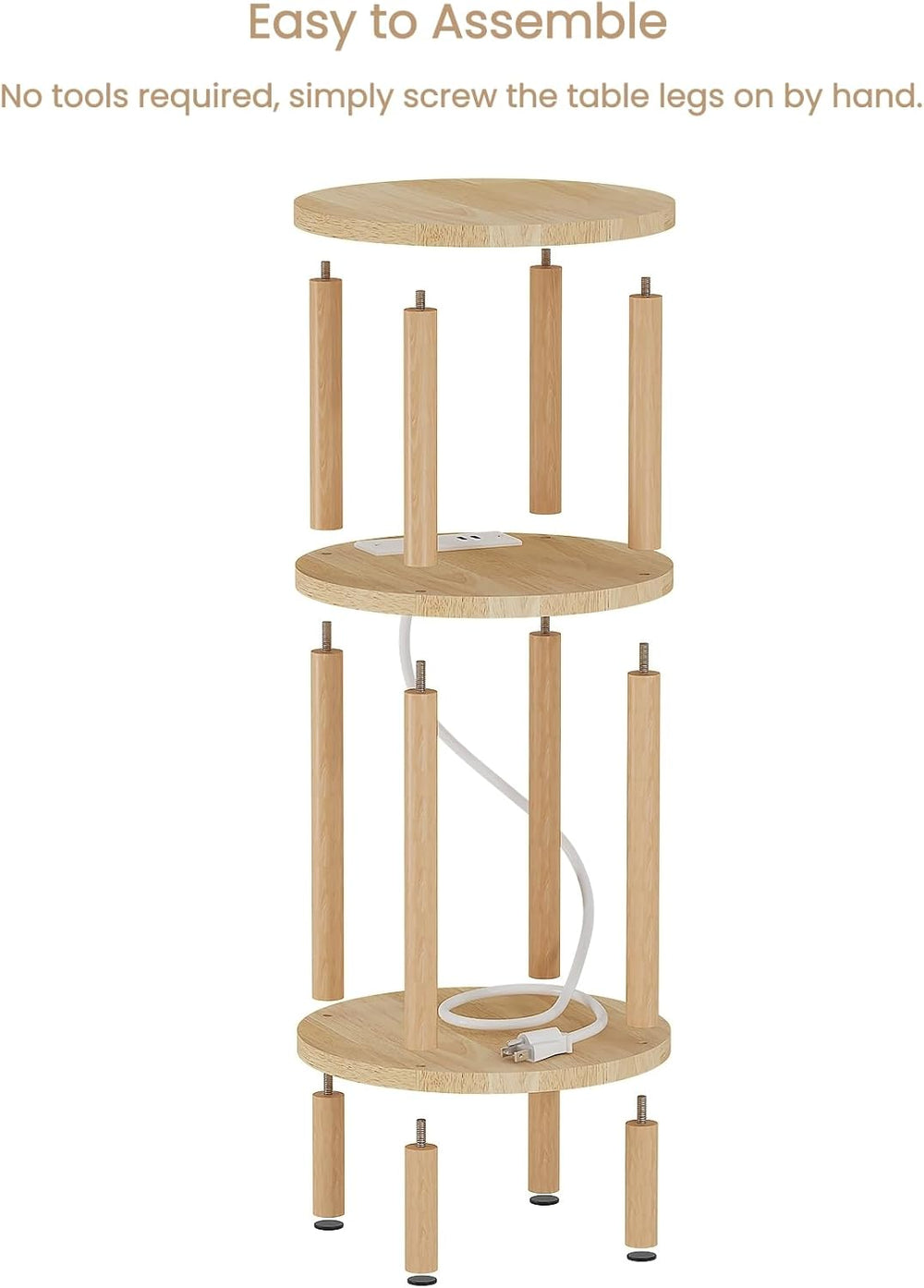 LUCKNOCK Small Round Side Table with Charging Station, 3-Tier Solid Wood End ...