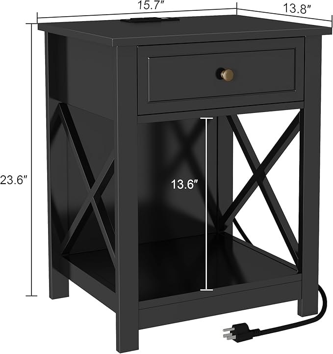 Treocho Black End Table Set of 2,Nightstand with Charging Station, X-Design Side Table with 2 AC and USB Power Outlets, Small Night Stand with Storage Drawer and Open Shelf for Living Room