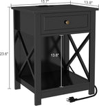 Treocho Black End Table Set of 2,Nightstand with Charging Station, X-Design Side Table with 2 AC and USB Power Outlets, Small Night Stand with Storage Drawer and Open Shelf for Living Room