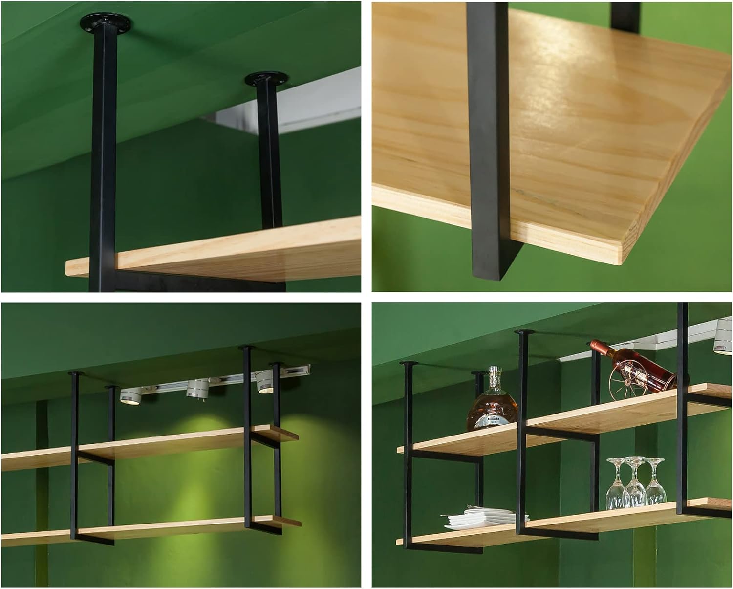 Ceiling Shelf, Floating Shelves Kitchen Storage Wine Rack, Industrial Ceiling Mount Shelf 2 layer, Wine bottle, Wine Glass, Dish Storage Rack, for Restaurant, Bar, Kitchen (39.3×11.8×23.6in,Black)