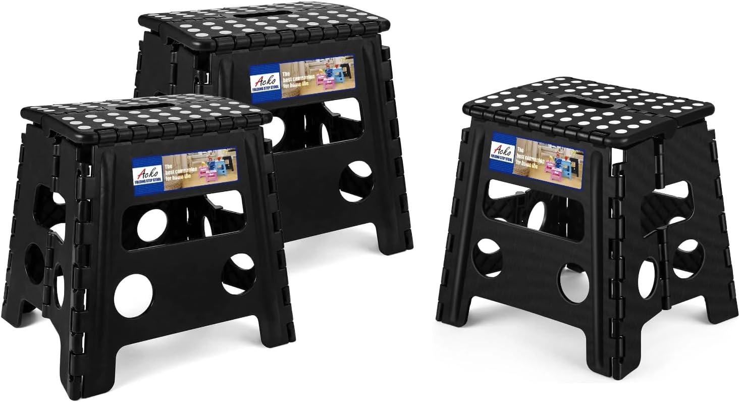 ACKO 13 Inch Folding Step Stool 3-Piece Set, 300 LB Capacity Plastic Foldable Stools with Handle, Non-Slip Bundle (Black & Black & Black)