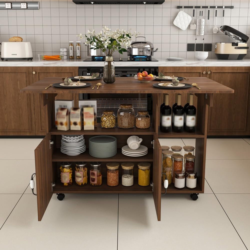 Folding Dining Table with Wheels, Drop Leaf Dinner Table with 2-Layer Storage...