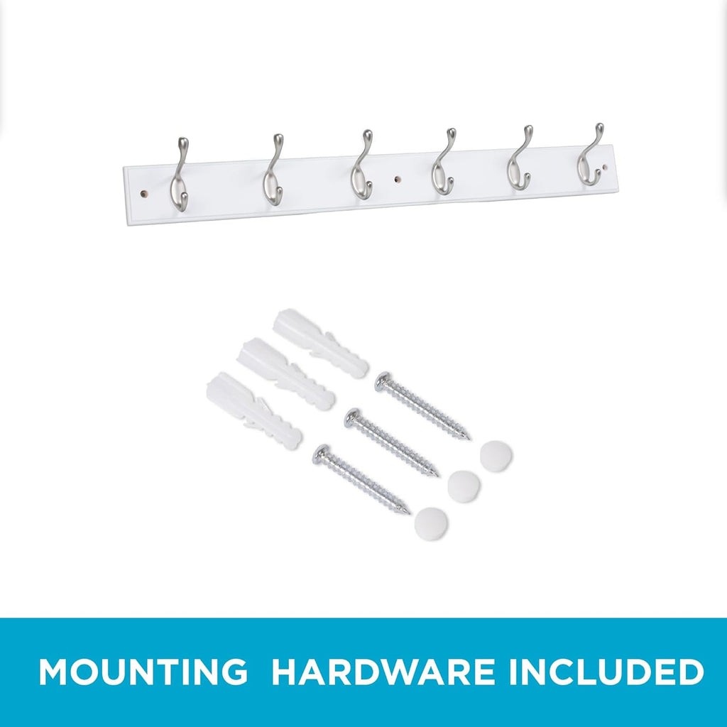BIRDROCK HOME Oval Hook Coat and Hat Rack | 6 Hooks | 2 Pack | White Finish | Wall Mount | Satin Nickel Hooks
