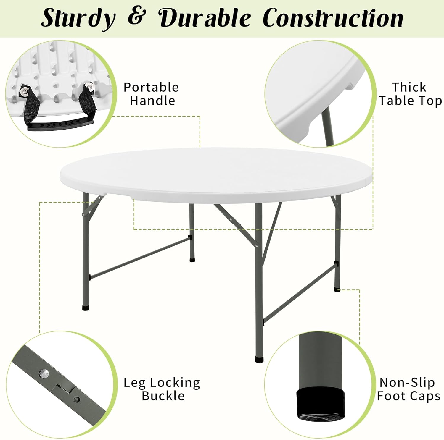Fivenl 5 FT Round Folding Tables White Foldable Table, Fold-in-Half with Carrying Handle Portable Plastic Table for Party, Dining, Wedding, Camping, Picnic, Indoor Outdoor Events