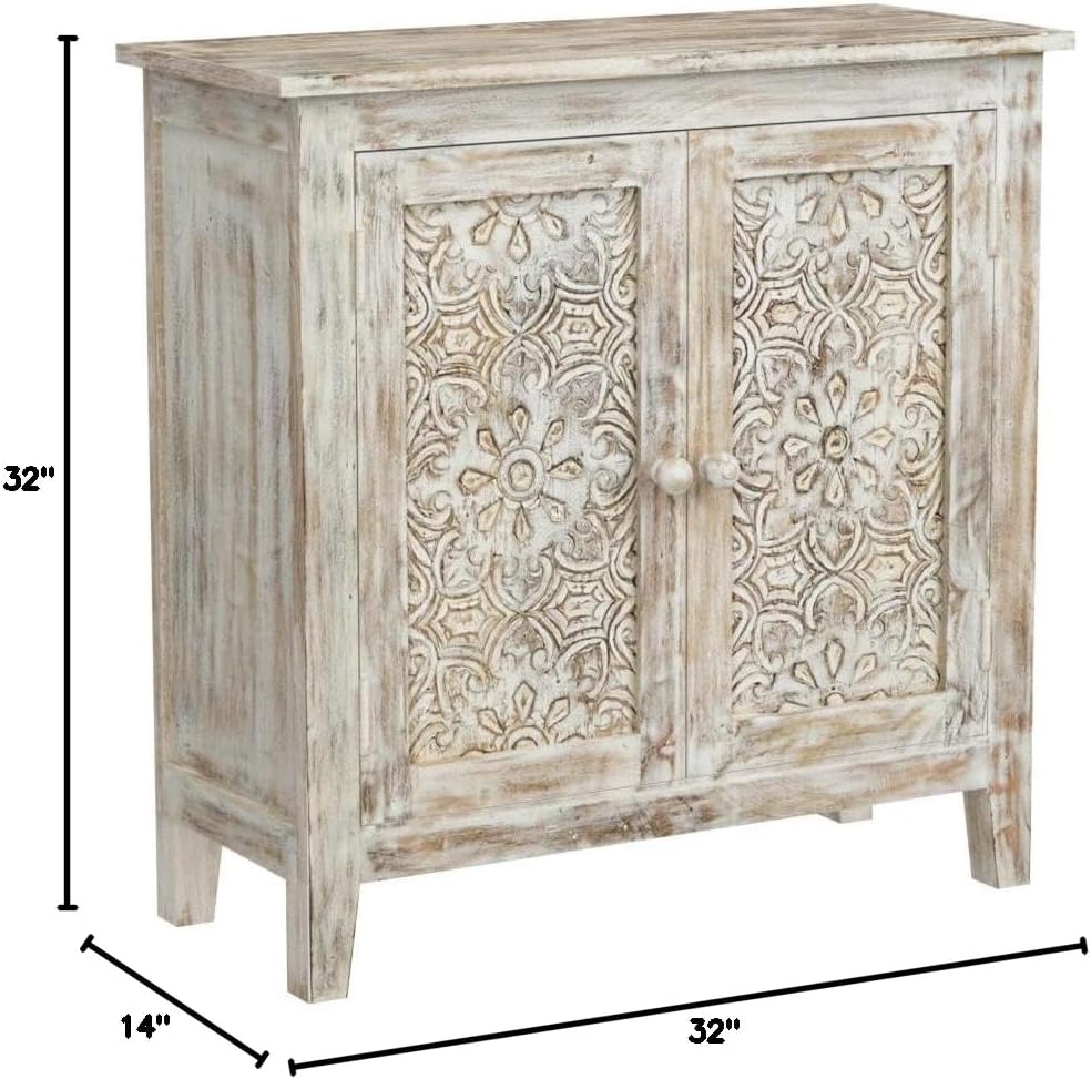 Jofran Global Archive Hand Carved Accent Chest Cabinet, 32', Weathered White