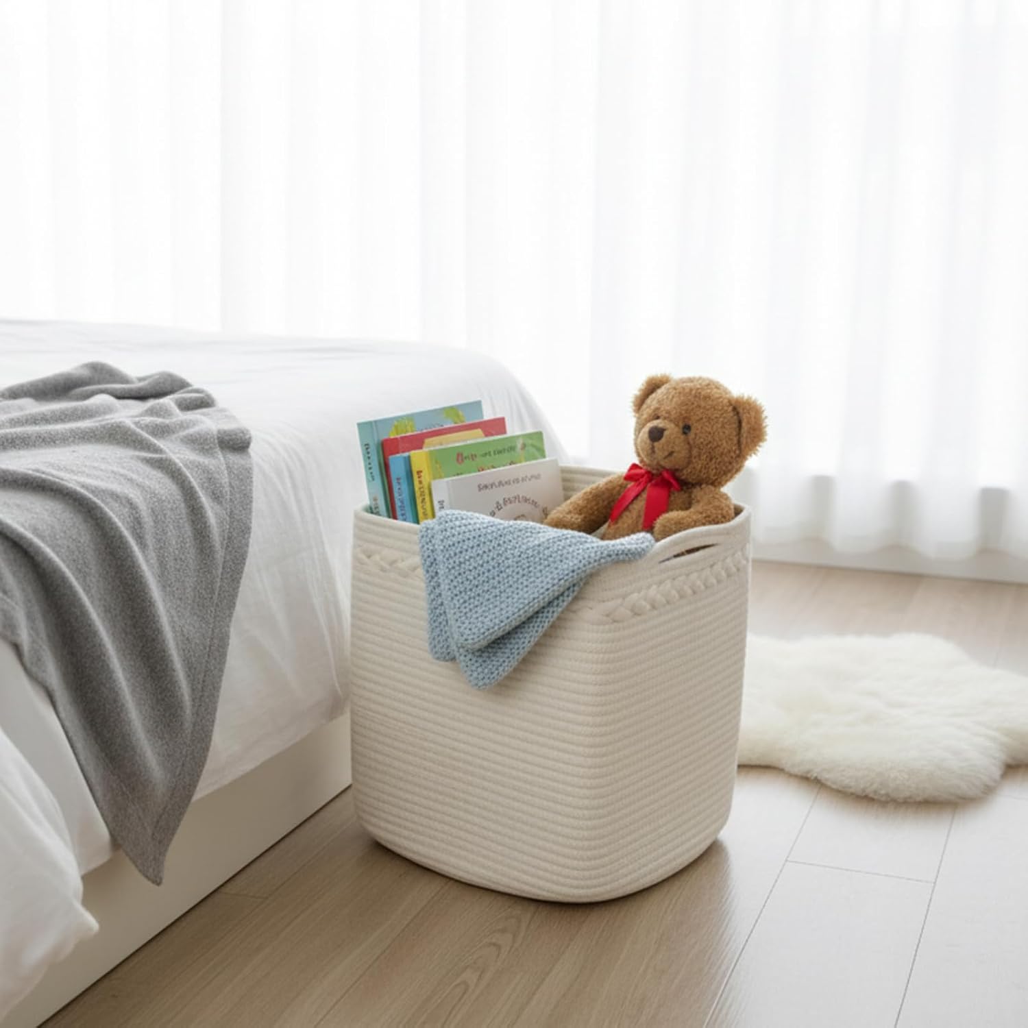 13 Inch Cube Storage Baskets, 3-Pack Woven Fabric Organizer Bins, 13"x13" Square Baskets for Cube Storage for Shelves, Baby Nursery, Closet Organizer, White