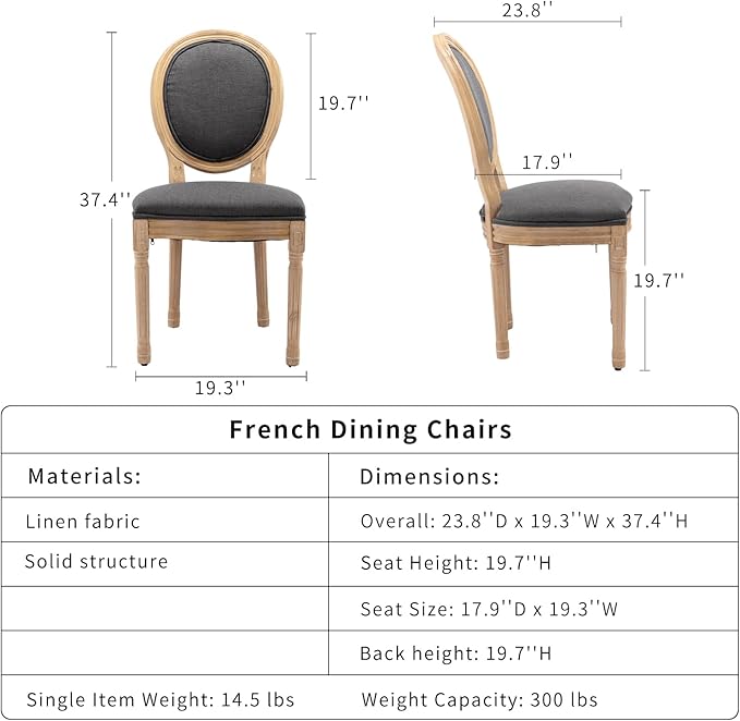 French Country Dining Chairs Set of 4, Gray Kitchen & Dining Room Chairs, Linen Upholstered, Wood Legs, Sillas De Comedor (Fabric, Grey, 4Pcs)