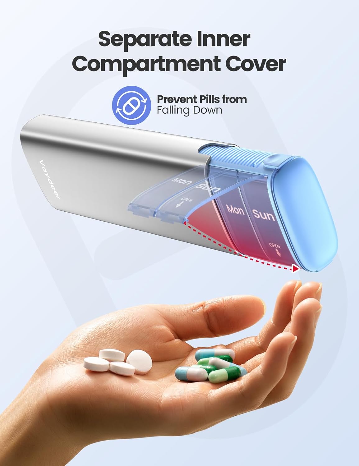 Vaydeer Metal Travel Pill Organizer – Compact Weekly Pill Box for Daily Medication – Portable Small Pill Case for Vitamins, Pills & Supplements (Silver)