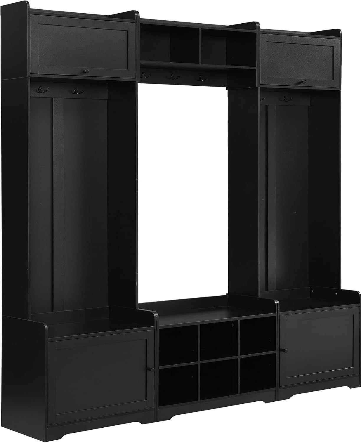 JIJIWANG 9.1''Wide Modern Hall Tree with Shoe Storage, 4-in-1 Multi-Functional Entryway Bench with 8 Cubbies, 7 Coat Hooks & Adjustable Shelf for Hallway, Living Room, Black
