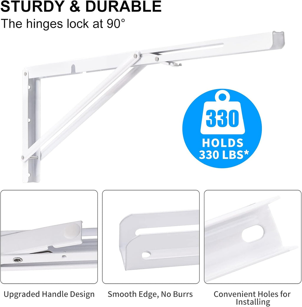 YUMORE 24 Inch Folding Shelf Brackets, Heavy Duty L Bracket, White DIY Collapsible Shelf Bracket for Workbench Folding Table Hinge, Max Load: 330lb, 2 Pack
