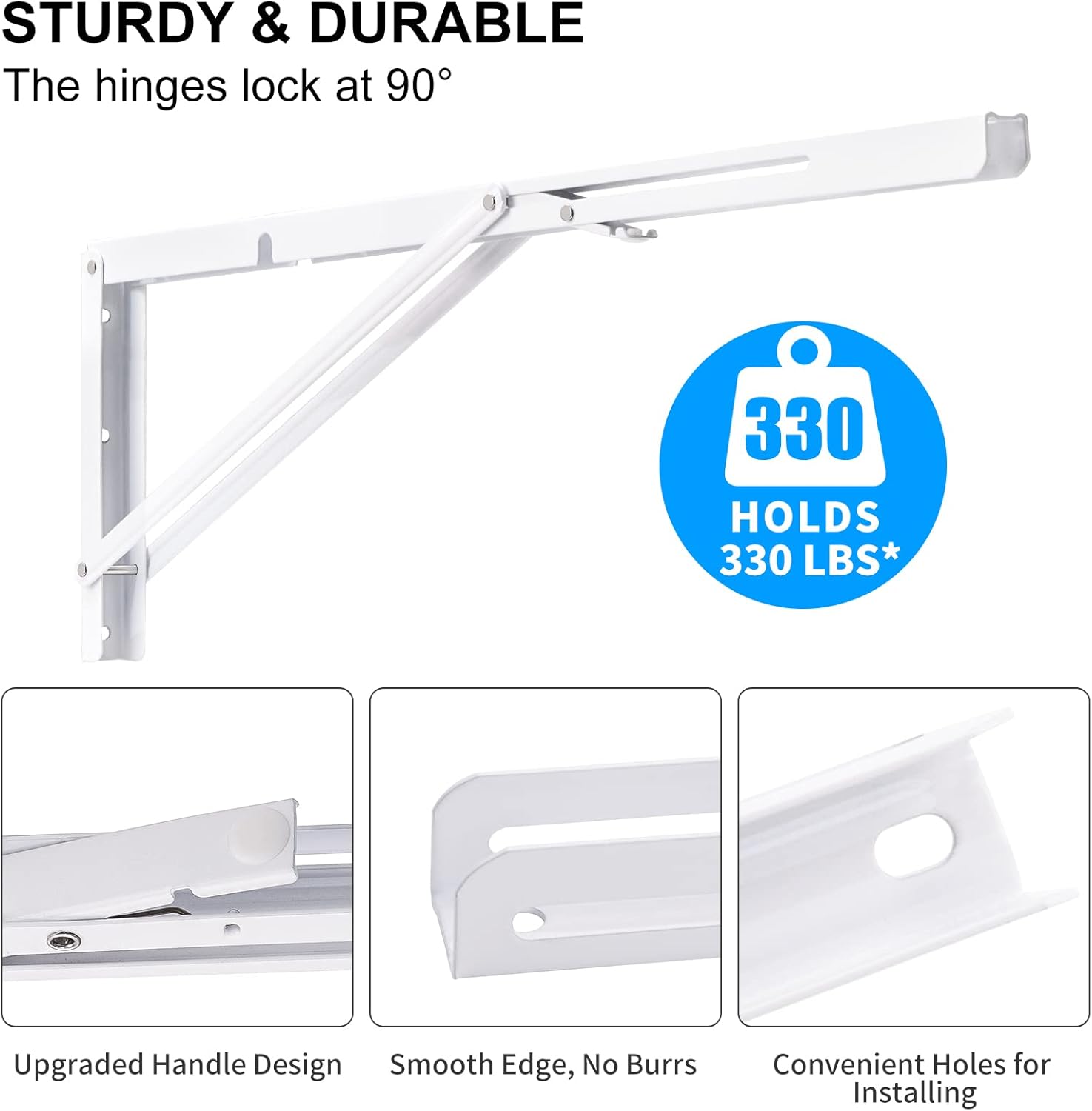 YUMORE 24 Inch Folding Shelf Brackets, Heavy Duty L Bracket, White DIY Collapsible Shelf Bracket for Workbench Folding Table Hinge, Max Load: 330lb, 2 Pack