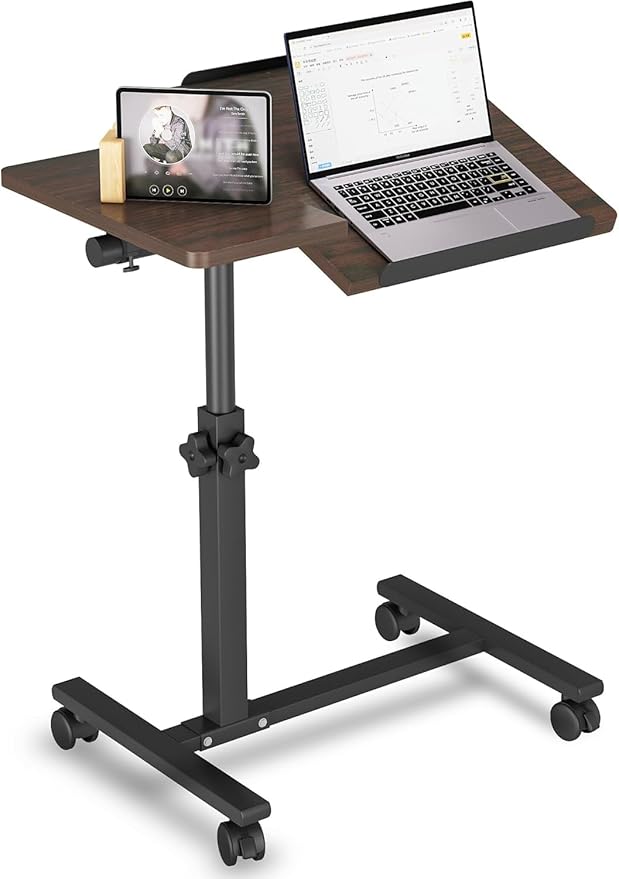 Mobile Laptop Stand for Couch Overbed Table with Wheels Adjustable Height Tilting Sofa Laptop Bed Table Rolling Cart Medical Overbed Table (Brown)