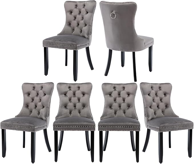 Velvet Dining Chairs Set of 6, Tufted Upholstered Dining Room Chairs with Back Ring Pull, Nailhead Trim and Solid Wood Legs, Modern Dining Chair for Dining Room, Kitchen(Grey)