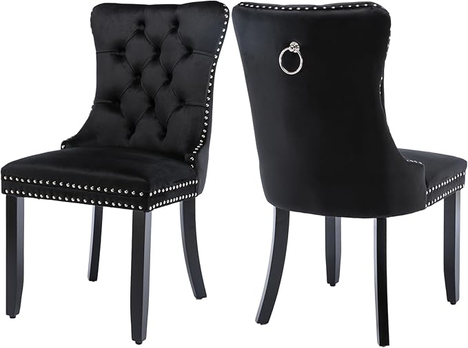 Velvet Dining Chairs Set of 2, Tufted Upholstered Dining Room Chairs with Back Ring Pull, Nailhead Trim and Solid Wood Legs, Modern Dining Chairs for Dining Room, Kitchen(Black)