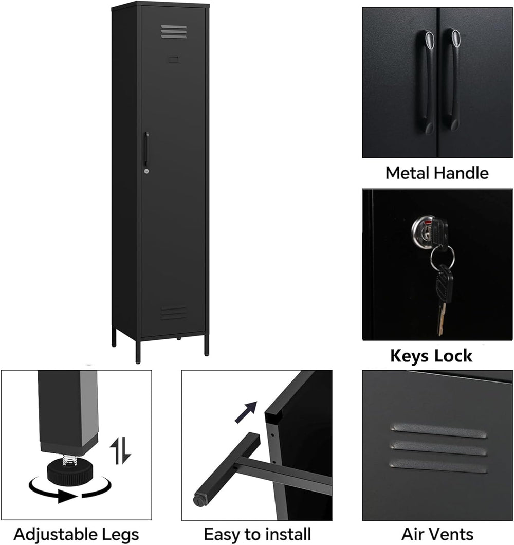 Tall Single Door Metal Locker with Adjustable Shelves, Black Tall Metal Locke...