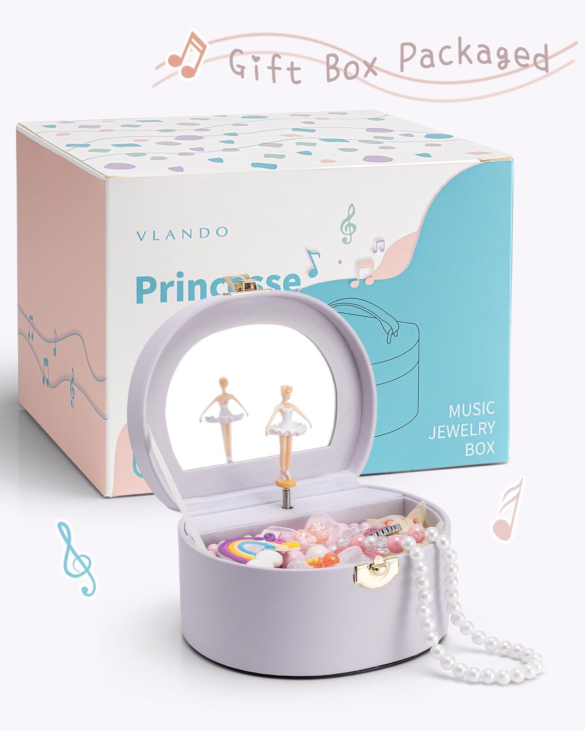 VLANDO Musical Jewelry Box for Girls, Arc Design with Spinning Ballerina | Large Compartment for Small Treasures, Plays Canon Melody, Built-In Mirror and Soft Carry Handle, Birthday Christmas Gift
