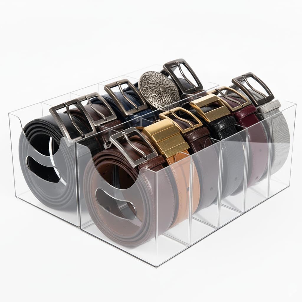 Belt Organizer,Acrylic Belt Organizer for Closet with Removable Dividers 5 Compartments & Handles Drawer organization and storage for Purse,underwear, Socks,and Ties (2pack)