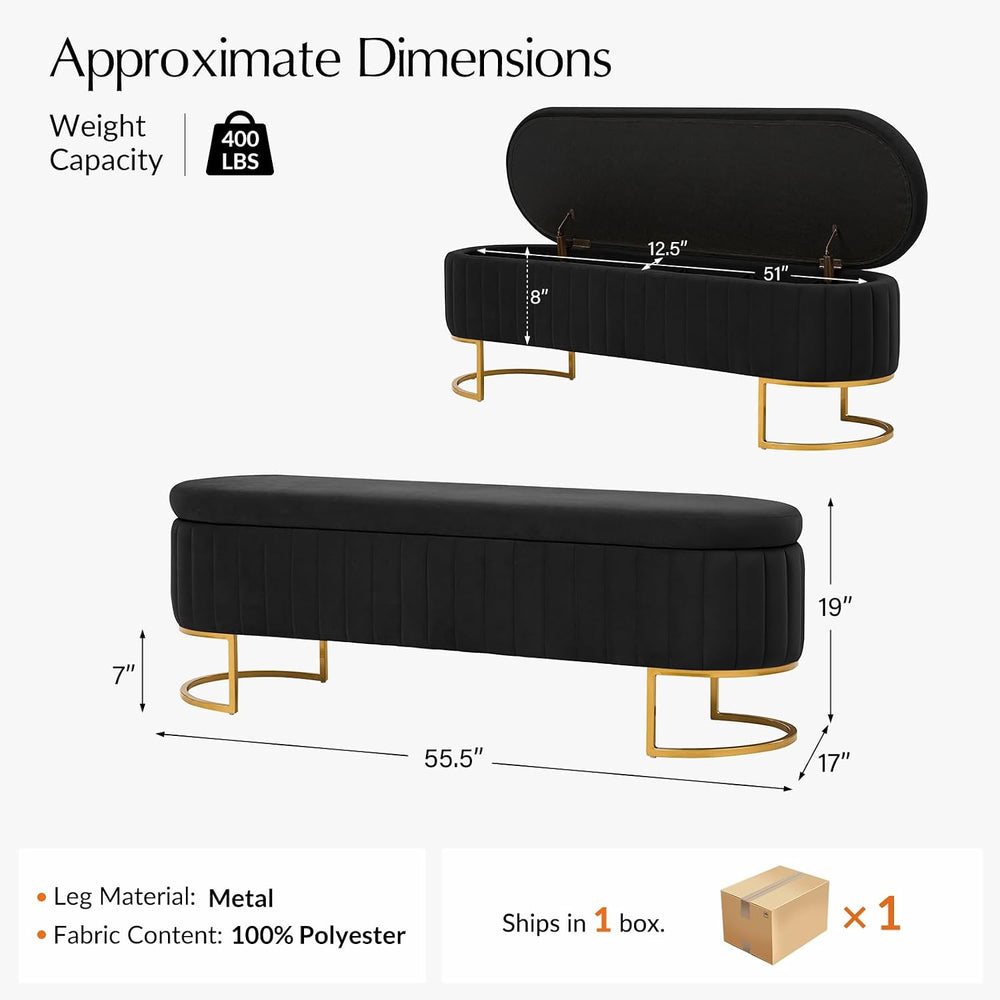55.5" Velvet Upholstered Storage Bench with Channel Tufted Seat and Meta...