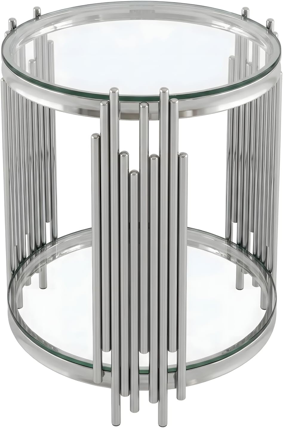 19.7" Luxury Round Silver End Table with 2-Tier Clear Tempered Glass She...
