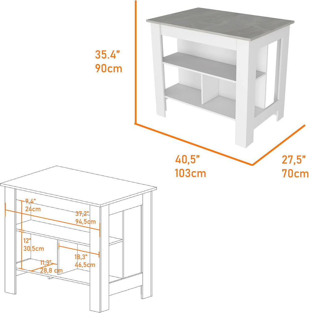 Kitchen Island Dozza with Three Shelves in White and Ibiza Marble | Three sto...