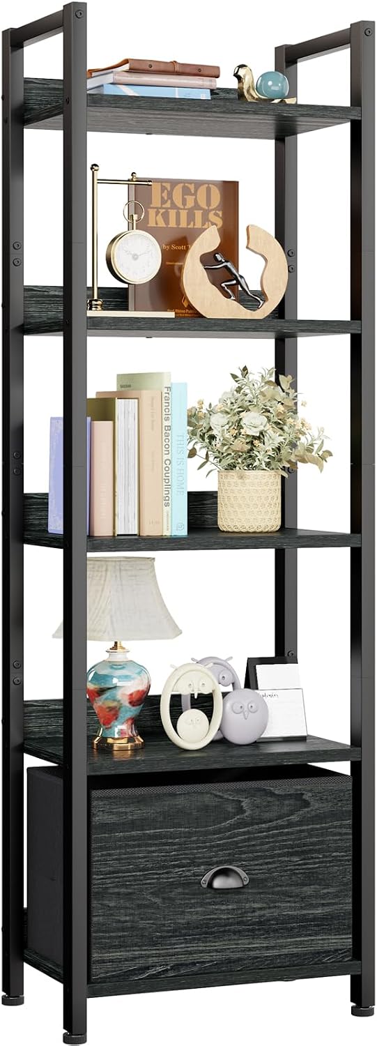Furologee 5 Tier Bookshelf with Drawer, Tall Narrow Bookcase, Black Oak