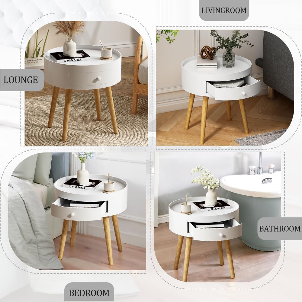 18" H Modern Nightstand with Storage Drawer & Oak Legs Bedside Table...