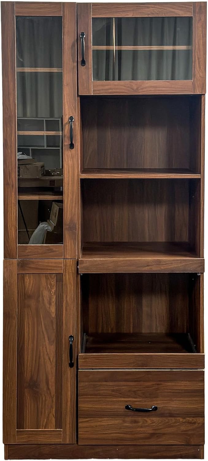 JOYSOURCE Tall Kitchen Hutch Cabinet with Pull-Out Shelves, Storage Drawer, G...