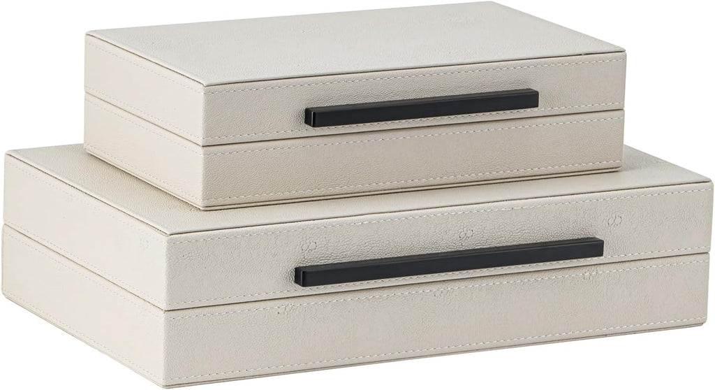 XIGEXIGE Set of 2 Beige Shagreen Decorative Storage Boxes with Black Metal Handles –Faux Leather Large Modern Stackable Nesting Jewelry Box with Lids Organizer