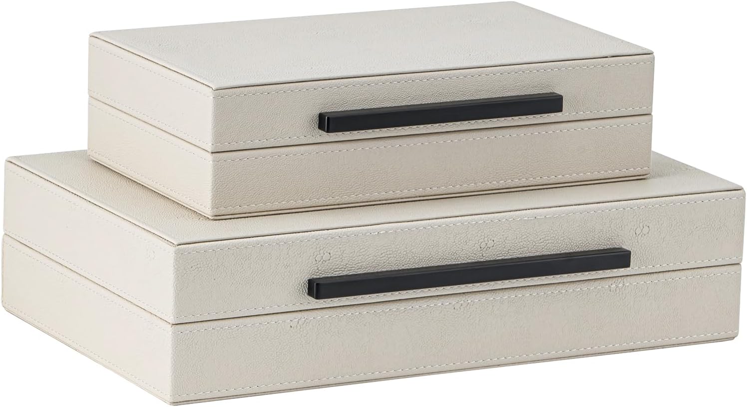 XIGEXIGE Set of 2 Beige Shagreen Decorative Storage Boxes with Black Metal Handles –Faux Leather Large Modern Stackable Nesting Jewelry Box with Lids Organizer