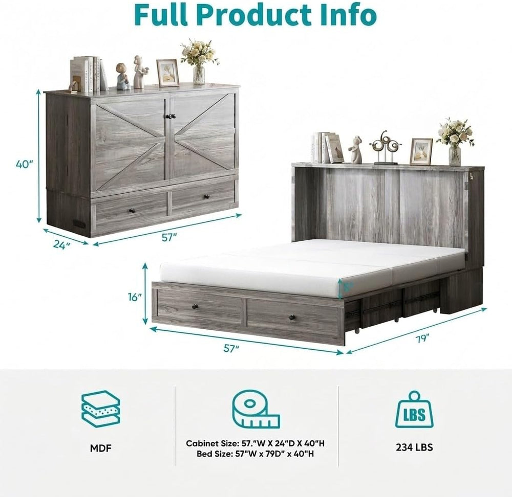 BALUS 57" Width Murphy Bed with Mattress, Full Size Cabinet Bed Frame wi...