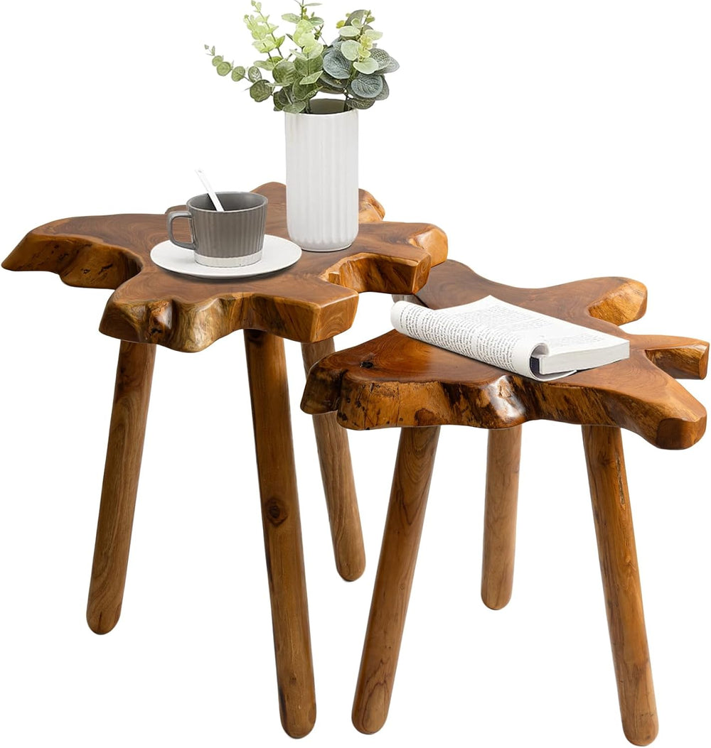 Natural Teak Wood Live Edge Side Table with Wood Legs – Rustic Side Table for...