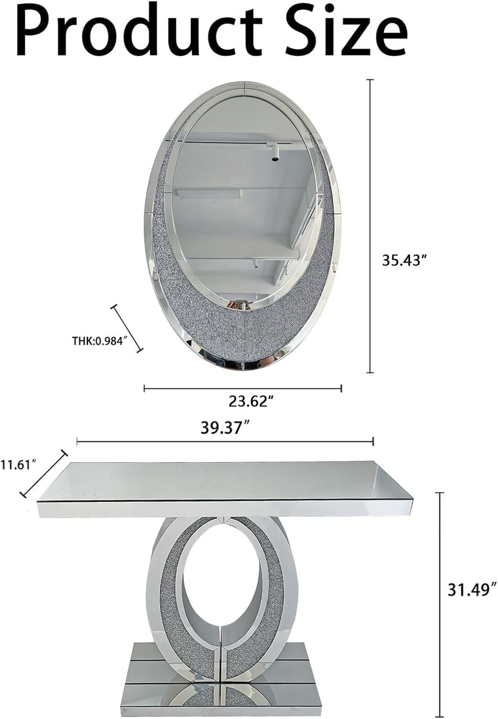 2 Piece Mirrored Console Table & Oval Wall Mirror Set, 39.5" Silver ...