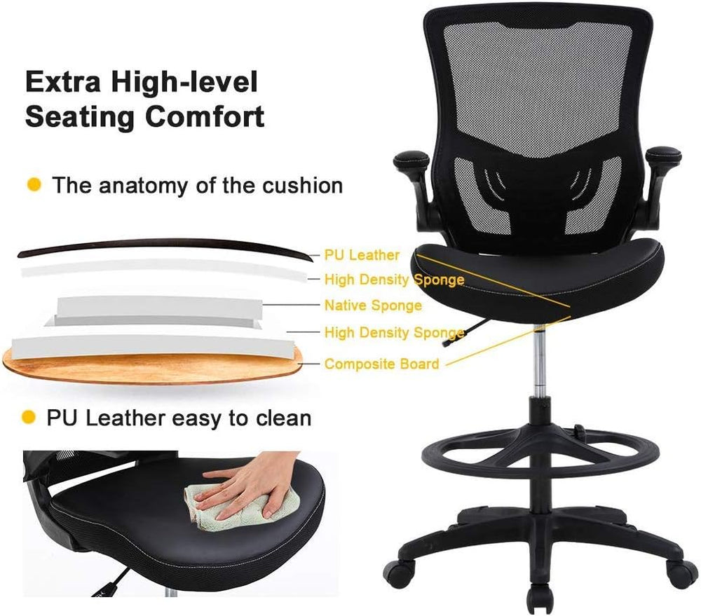 Drafting Chair Tall Office Chair with Lumbar Support Footrest Ring Flip Up Ar...