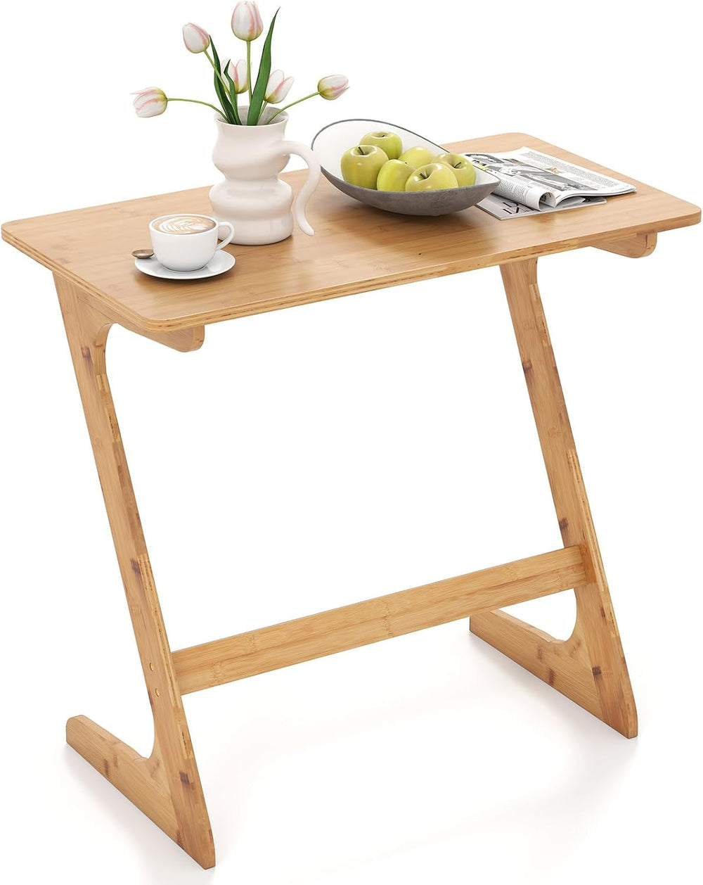 Tangkula Bamboo TV Tray Sofa Side Table, Z-Shaped Couch Table with 30” x 16” ...