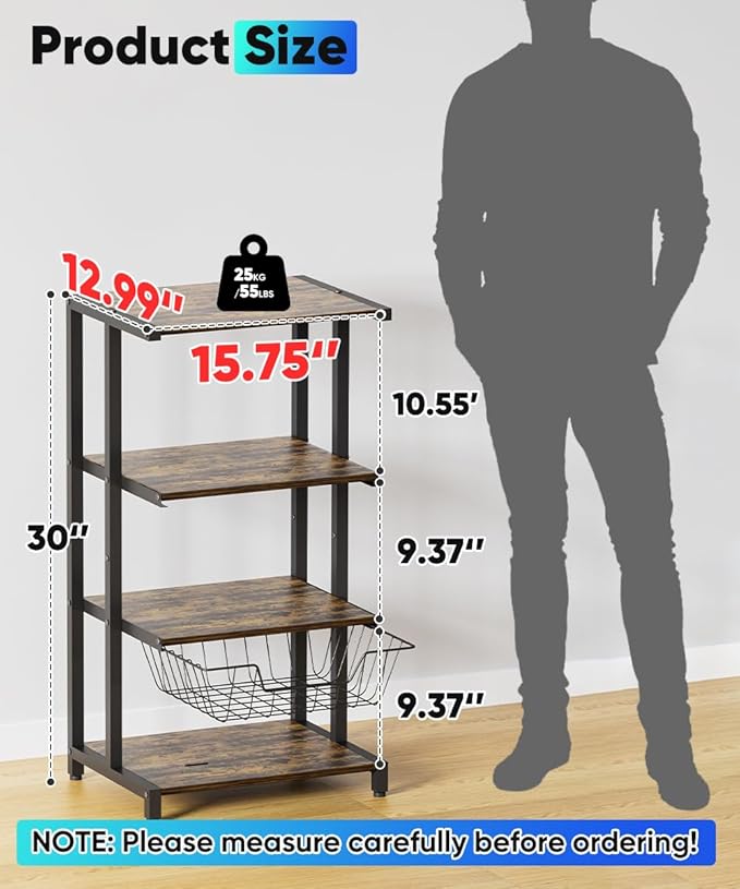 Media Stand with Detachable Baskets, 4-Tier AV Media Stand Corner Shelf for DVD Players/Cable Boxes/Games Consoles, Audio Storage Rack for Living Room, Gaming Room, Music Studio, Black