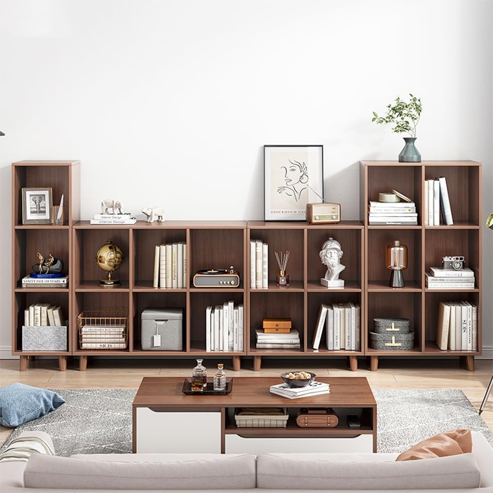IOTXY Open Cube Low Bookcase - 3-Tier Freestanding Storage Display Cabinet Organizer with Legs for Home Office, 8-Cubes Open Shelf Short Bookshelf, Walnut