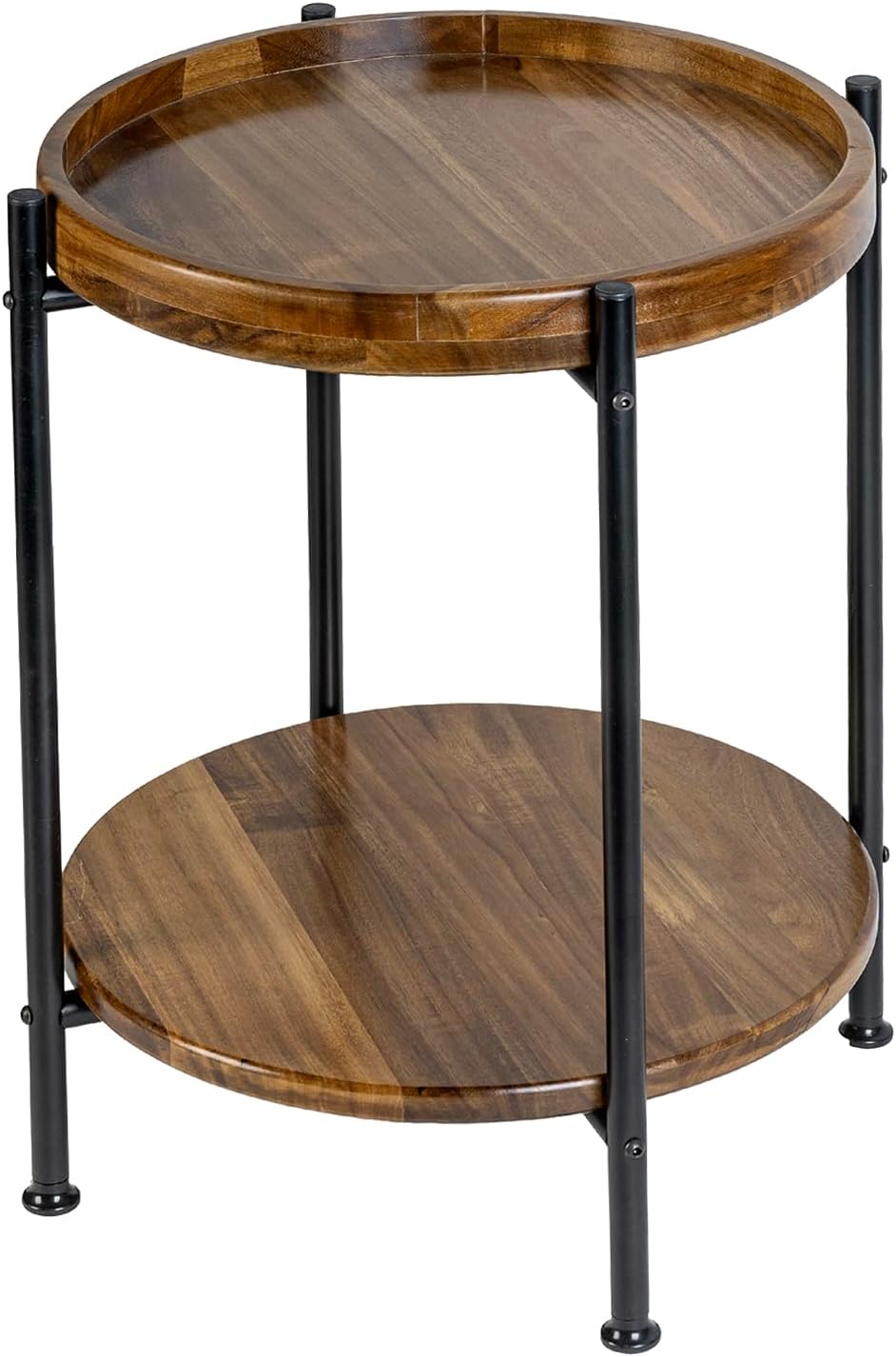 MyGift 2 Tier Round End Table with Premium Acacia Solid Wood Shelf and Black ...