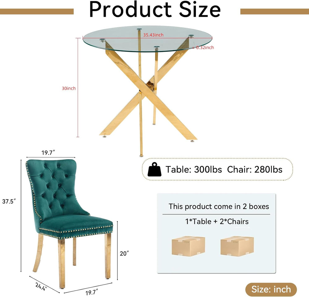 Henf 3 Piece Dining Table Set for 2, Glass Round Dining Table and 2 Upholster...