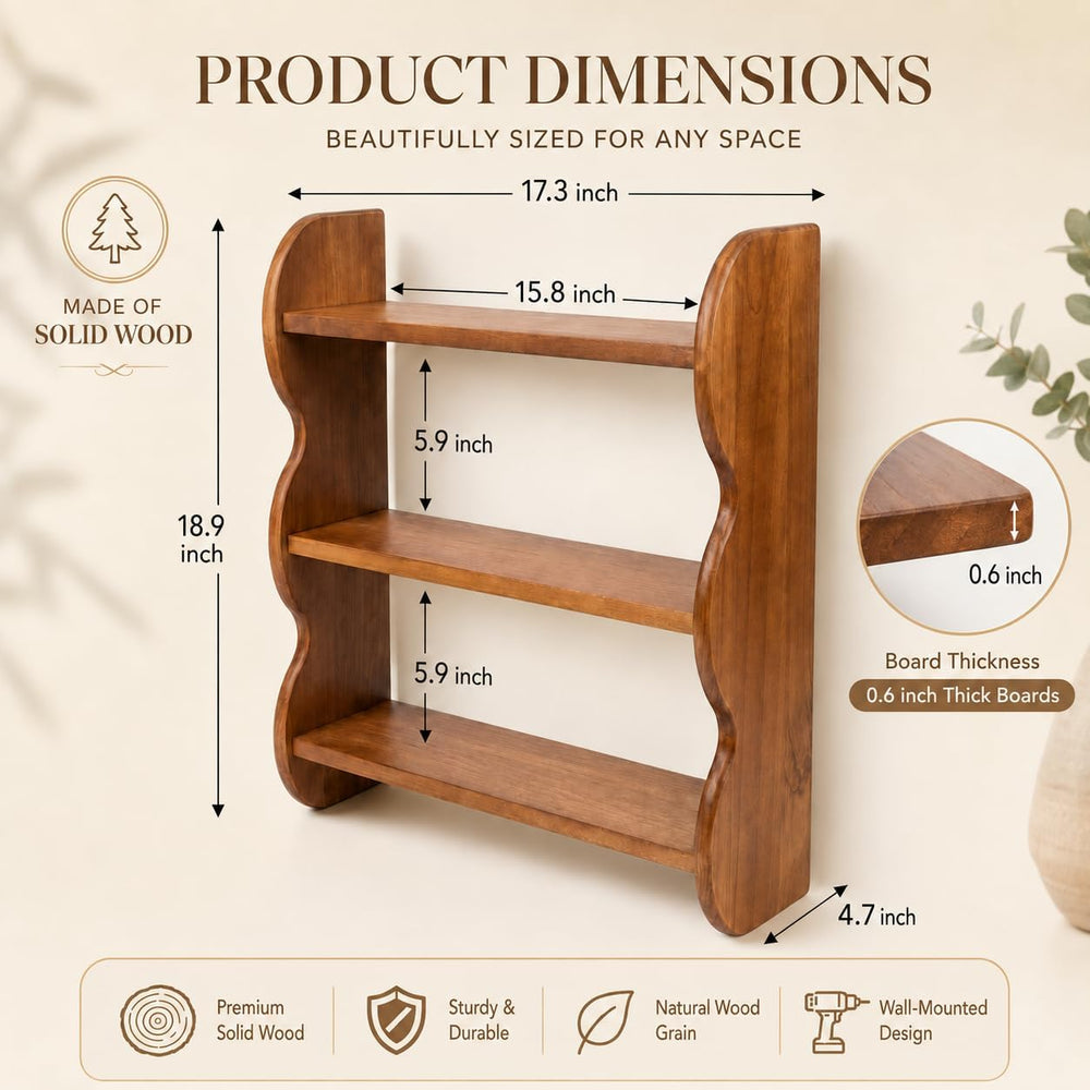 Solid Wood Floating Shelves for Wall, 3 Tier Rustic Vintage Wall Mounted Shel...